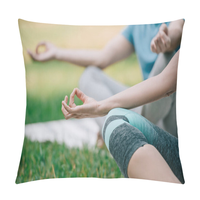 Personality  Partial View Of Man And Woman Meditating In Yoga Poses While Sitting On Green Lawn Pillow Covers