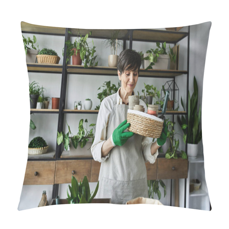 Personality  A Mature Woman Nurturing Her Plants While Enjoying Her Creative Gardening Space. Pillow Covers