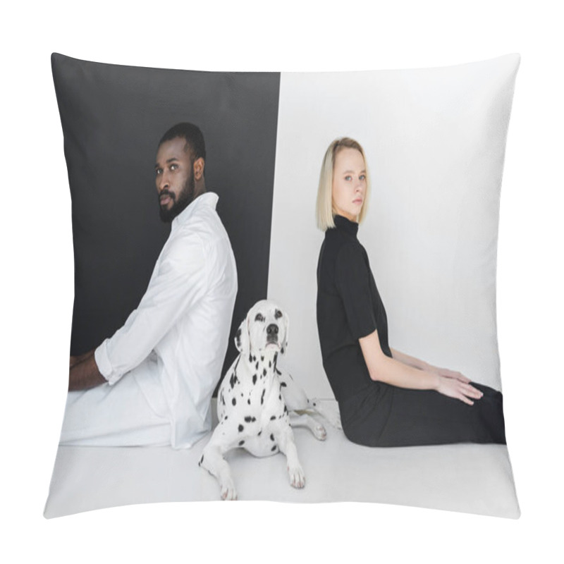 Personality  Side View Of Multicultural Couple Sitting Back To Back With Dalmatian Dog On Floor Pillow Covers