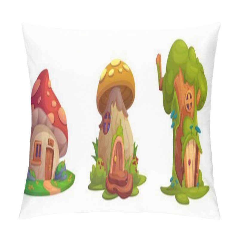 Personality  Cute Fairy Tale Mushroom Gnome Or Elf House Vector Set. Fantasy Fairytale Forest Building For Magic Dwarf Or Hobbit With Window, Fungus Roof And Porch. Isolated Vegetable Village Cottage Illustration Pillow Covers