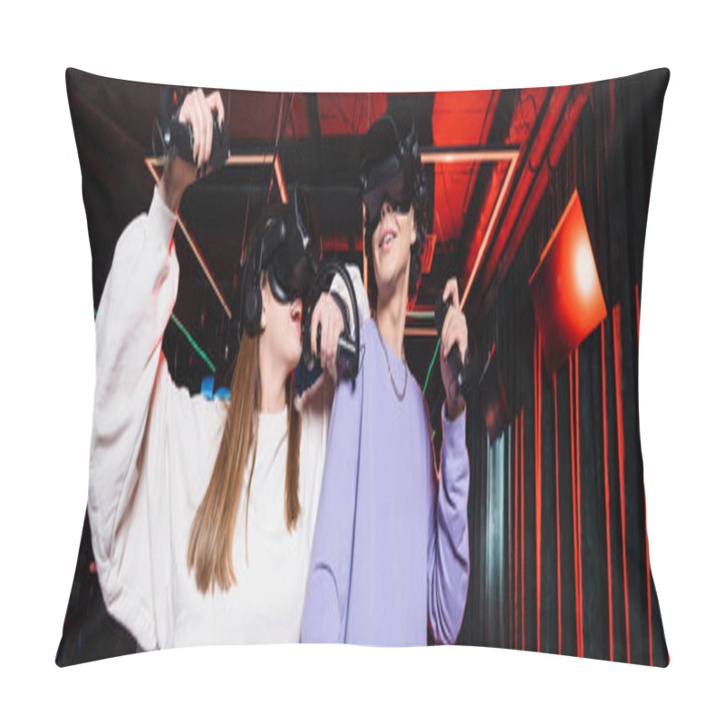 Personality  Happy Teenage Gamers In Headsets Having Fun In Vr Game Zone, Banner Pillow Covers