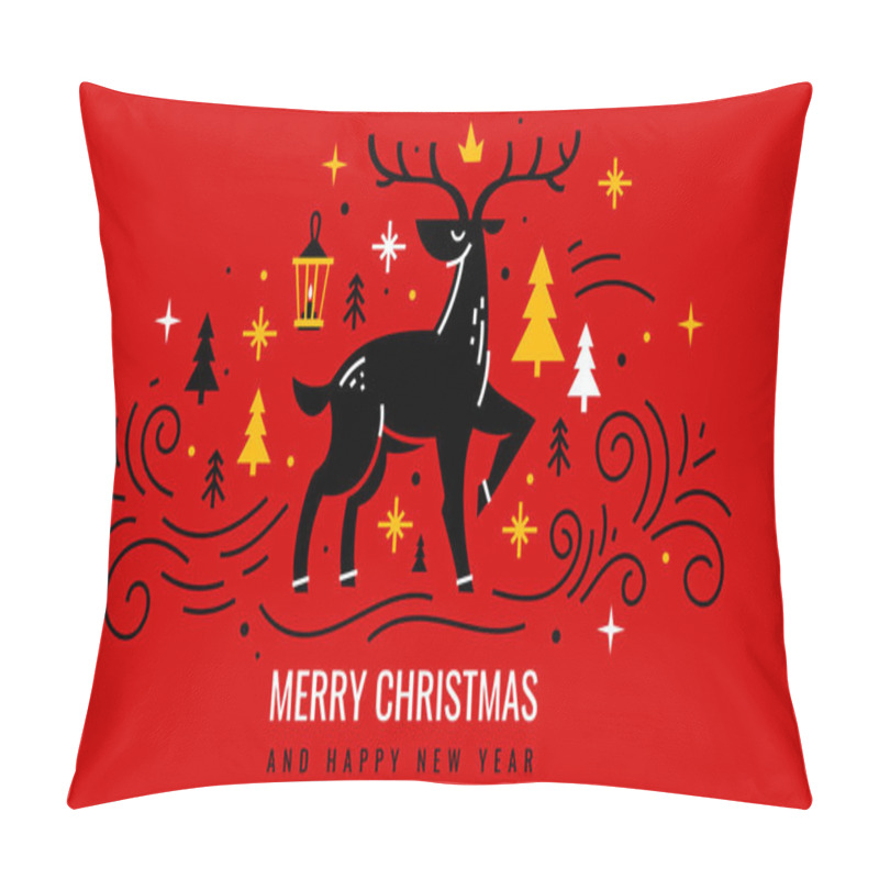 Personality  Vector Line Art Illustration Of Christmas Deer With Decorative Holiday Elements On Red Color Background With Text Pillow Covers