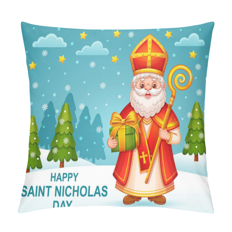 Personality  Happy Saint Nicholas Holiday Day, Cute Sinterklaas Cartoon Character With Gift Box For Children. St Nicholas Winter Celebration. Christian Bishop In Tradition Religion Costume With Present. Christmas Santa Old Man. Kid Festive Greeting Card. Vector  Pillow Covers