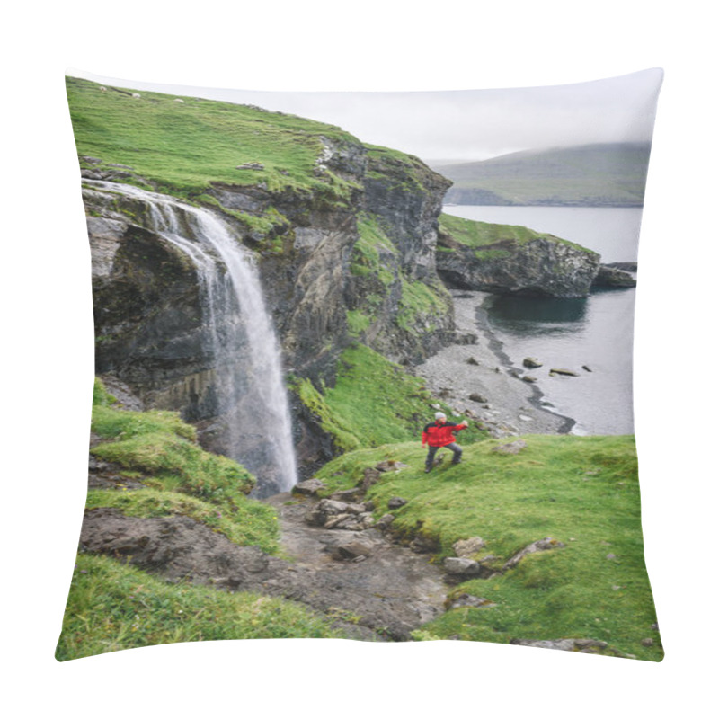 Personality  A Traveler In A Red Jacket Takes A Selfie On The Phone Near The Skardsafossur Waterfall On The Island Of Vagar, Faroe Islands Pillow Covers