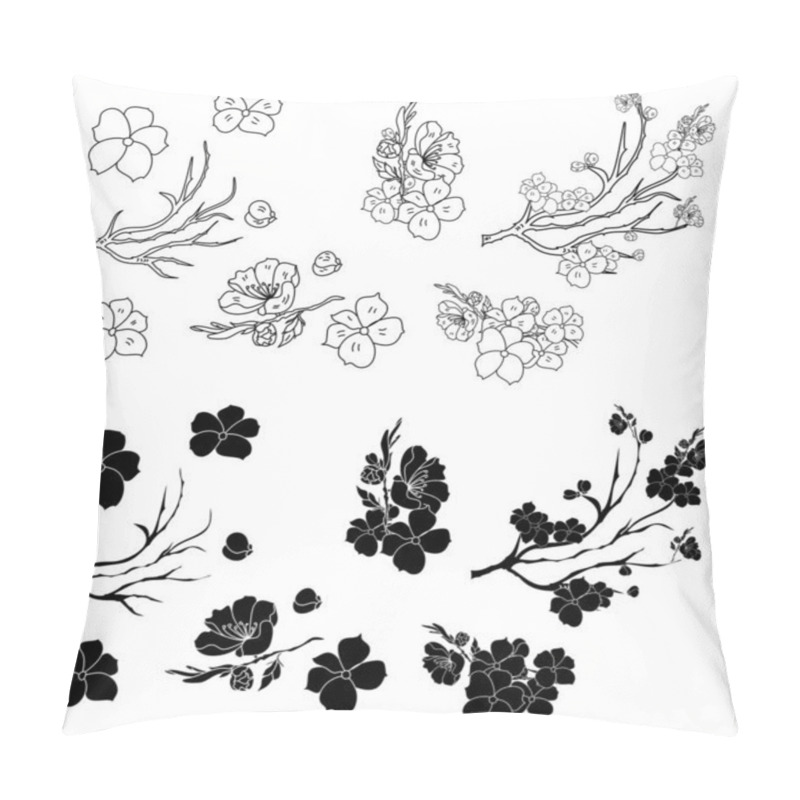 Personality  Free Hand Sakura Flower Vector Set, Beautiful Line Art Peach Blossom Isolate On White Background.Cherry Blossom Illustration Set.Element For Weding Card Or Printing On Backdrop.  Pillow Covers