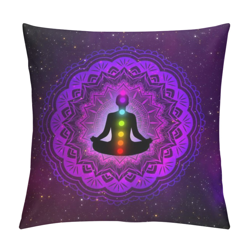 Personality  Abstract Meditation Man With Seven Chakras And Mandala In The Galaxy Illustration Design Background. Pillow Covers