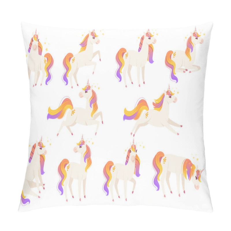 Personality  Set Of Magic Mythical Animal From Fairy Tale Unicorn Cartoon Animal Design Flat Vector Illustration Isolated On White Background Pillow Covers