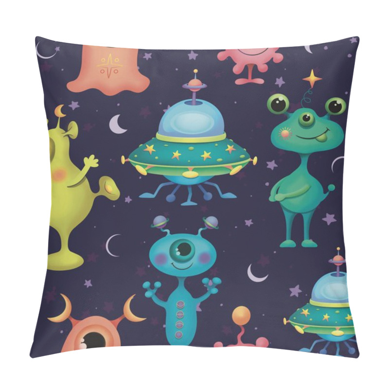 Personality  Space Seamless Pattern. Aliens And A Flying Saucer On A Blue Background. Can Be Used For Backgrounds, Wrapping Paper, Printing On Clothing, Or Work Uniforms For Pediatricians And Caregivers. Pillow Covers