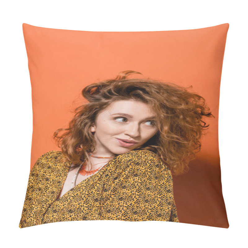 Personality  Astonished Young Red Haired Woman In Yellow Blouse With Abstract Pattern And Necklaces Looking Away And Standing On Orange Background, Stylish Casual Outfit And Summer Vibes Concept, Youth Culture Pillow Covers