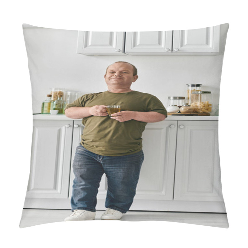 Personality  A Man With Inclusivity Stands In His Kitchen, Holding A Glass Of Beverage And Smiling. Pillow Covers