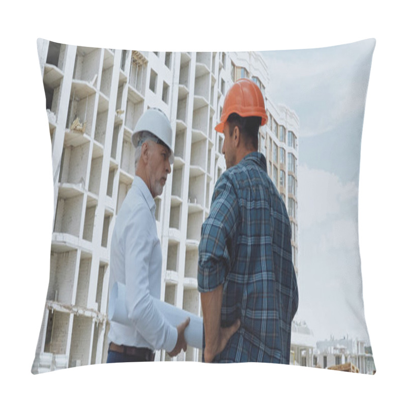 Personality  Engineer With Blueprints Talking With Builder Standing With Hand On Hip On Construction Site Pillow Covers