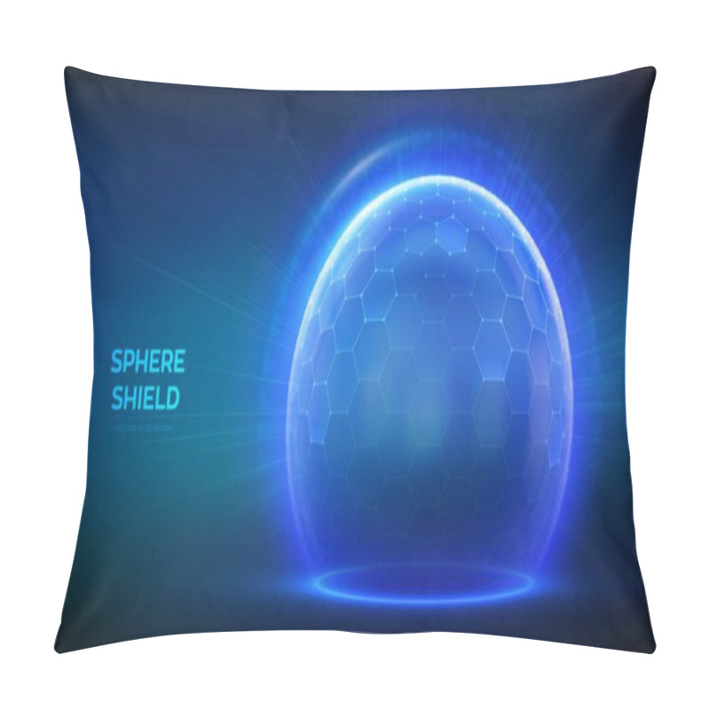 Personality  Protection Sphere Shield With Hexagon Pattern On Blue Background. Glass Dome Shield. Glowing Bubble Shield In The Form Of A Force Energy Field. Protection And Safety Concept. Vector Illustration Pillow Covers