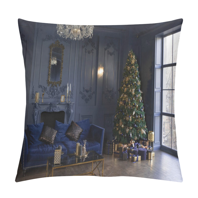 Personality  Large Living Room With Panoramic Windows And Blue Walls. Christmas Decor In The Hall. Christmas Tree Pillow Covers