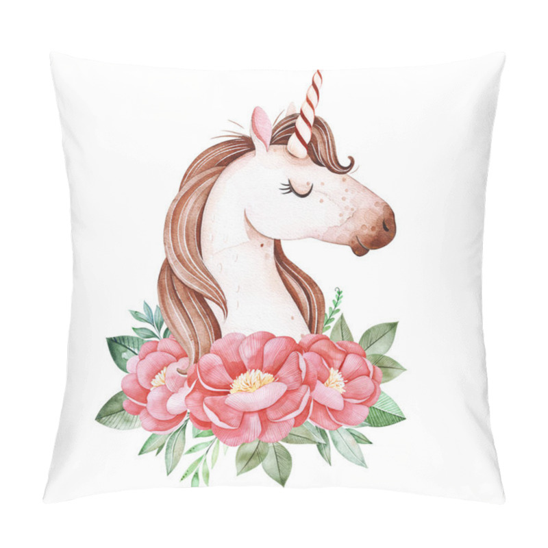 Personality  Cute Unicorn With Pink Peonies And Leaves Pillow Covers