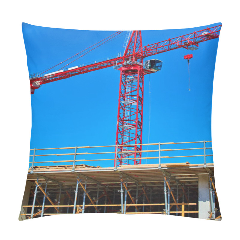 Personality  Red Crane Towers Over Bustling Construction Site Under A Clear Blue Sky In Downtown Fort Wayne, Indiana. Pillow Covers