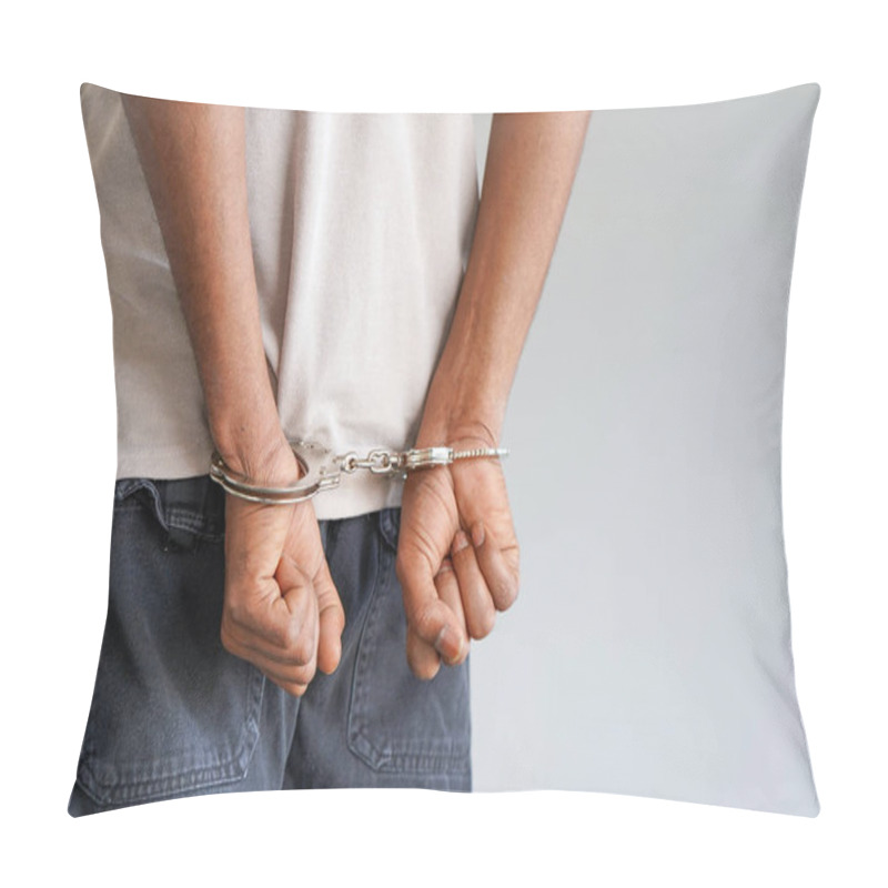 Personality  Criminal Hands Locked In Handcuffs. Close-up View Pillow Covers