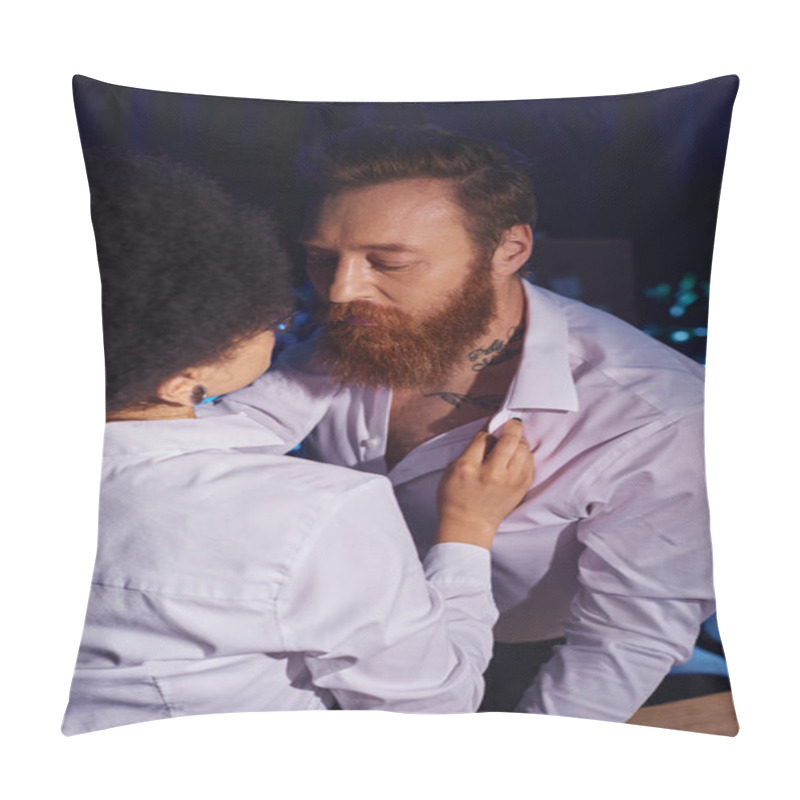 Personality  African American Woman Tempting Bearded Tattooed Businessman In Office At Night, Flirting At Work Pillow Covers