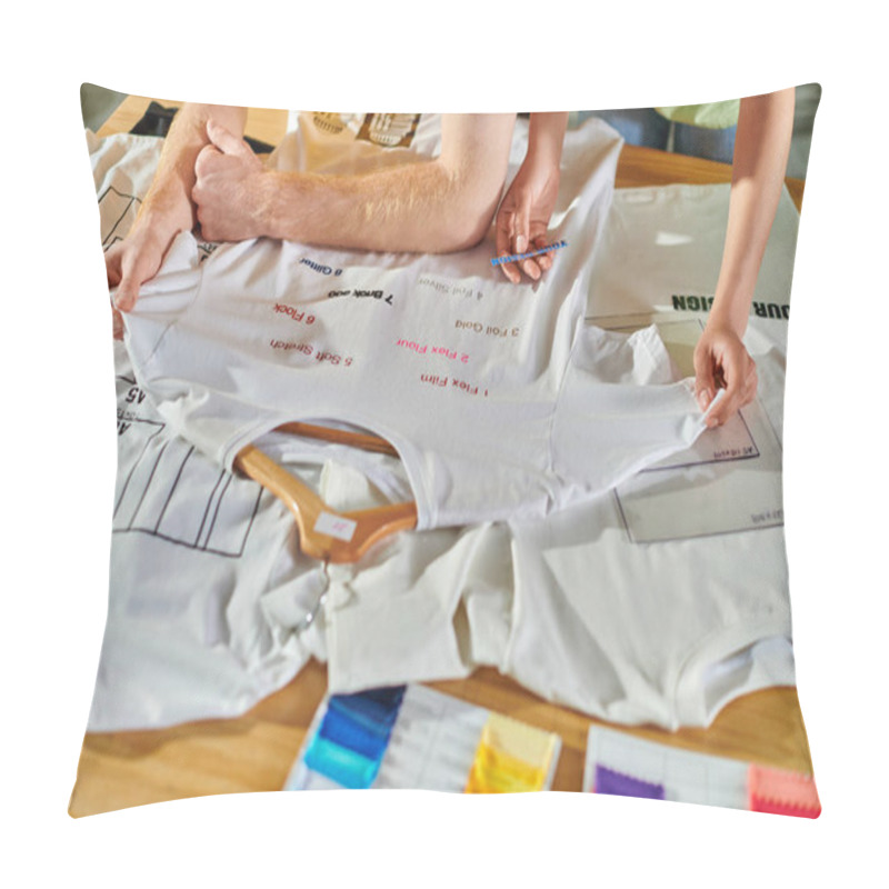 Personality  Cropped View Of Young African American Designer Holding Printing Layer Near Colleague And T-shirt With Lettering On Table In Print Studio, Self-employment Opportunity Concept Pillow Covers