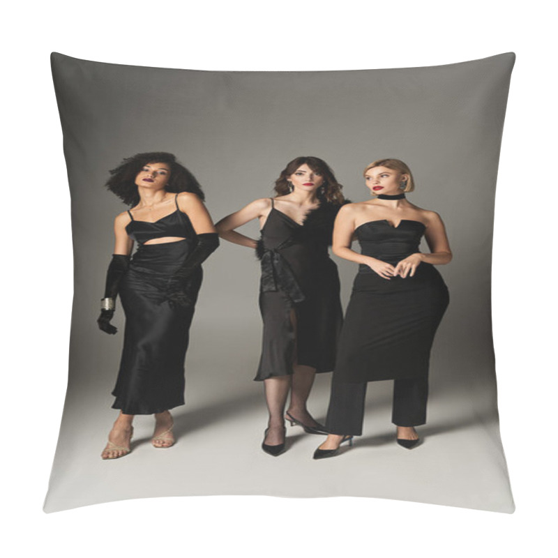 Personality  Three Young Women Of Different Ethnicities, Stylishly Dressed In Black, Stand Together Elegantly Against A Grey Backdrop. Pillow Covers