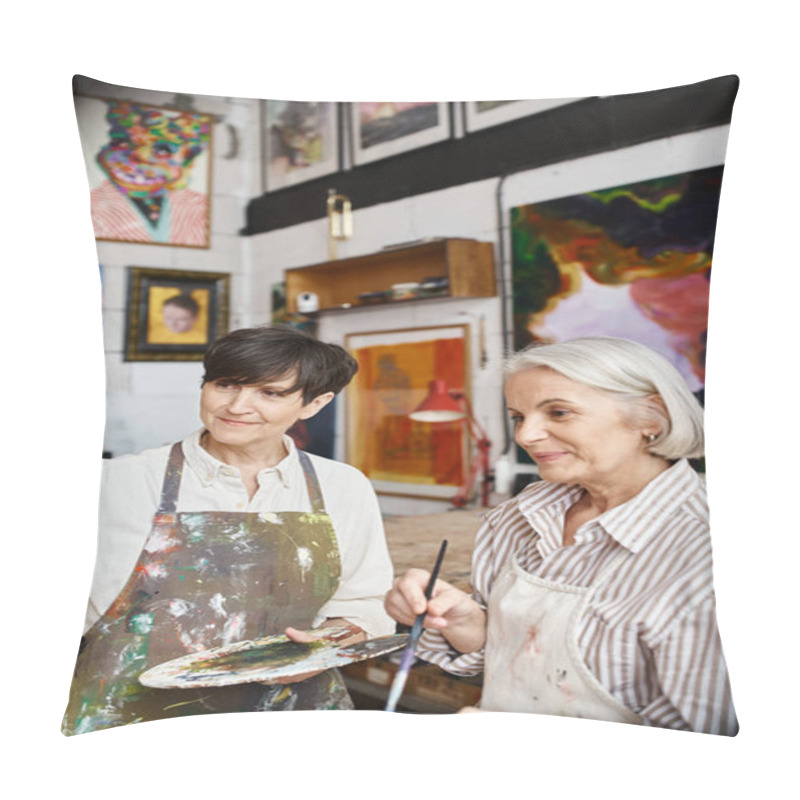 Personality  A Mature Lesbian Couple Paint In An Art Studio. Pillow Covers