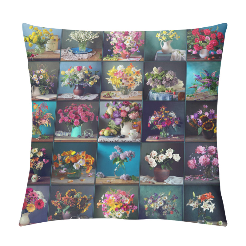 Personality  Still Life With Flowers On A Blue And Green Background, Collage. Pillow Covers