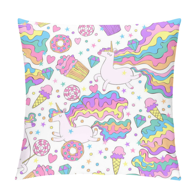 Personality  Unicorn And Sweets. Donut, Cupcakes, Candy. Rainbow, Stars, Hearts. Seamless Vector Pattern (background). Cartoon Print. Pillow Covers