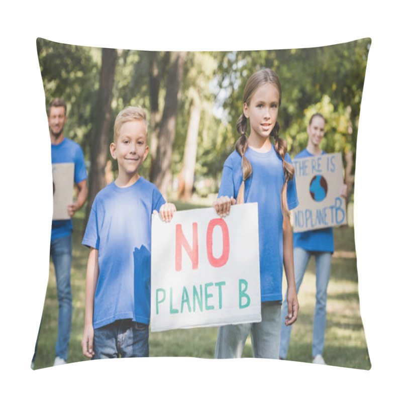 Personality  Children Holding Placard With No Planet B Inscription Near Parents With Posters On Blurred Background, Ecology Concept Pillow Covers