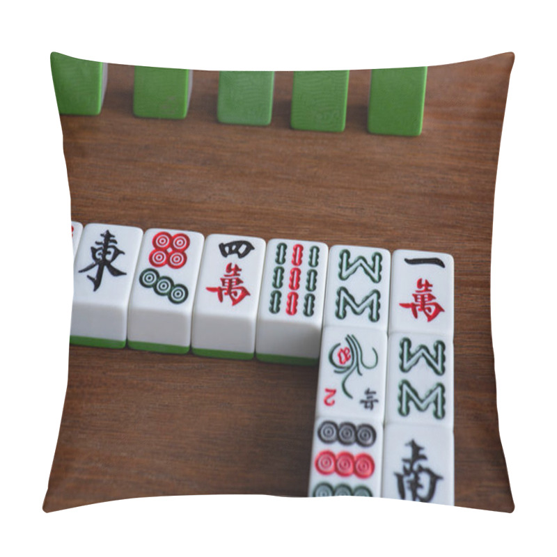 Personality  KYIV, UKRAINE - JANUARY 30, 2019: Mahjong Game Tiles With Signs And Characters On Wooden Table Pillow Covers