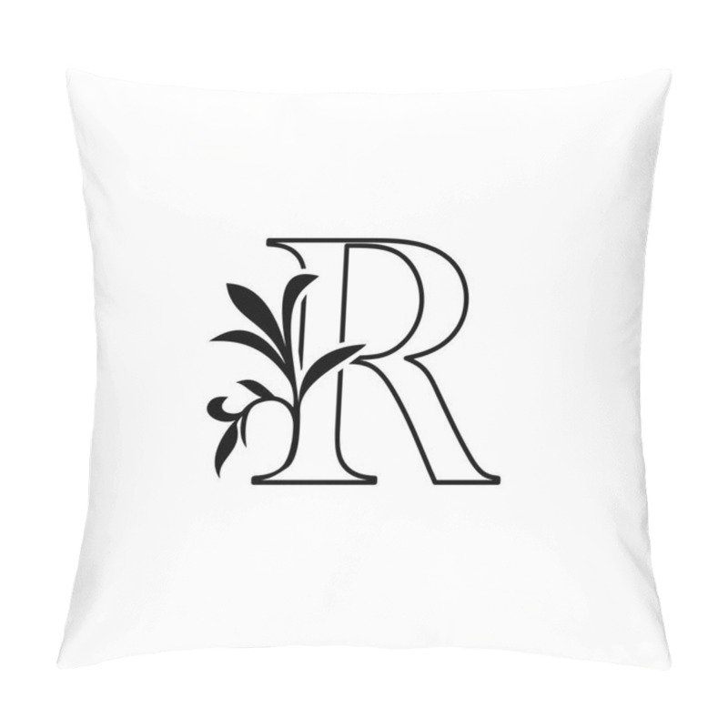 Personality  Outline Floral Leaves Letter R Luxury Logo Icon, Black And White Vector Design Concept Nature Leaf For Initial. Pillow Covers