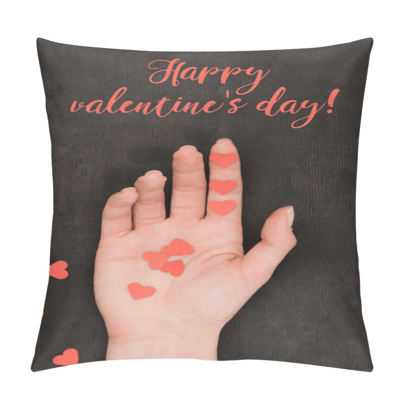 Personality  Partial View Of Female Hand And Red Heart Shaped Confetti On Dark Background, St Valentines Day Concept Pillow Covers