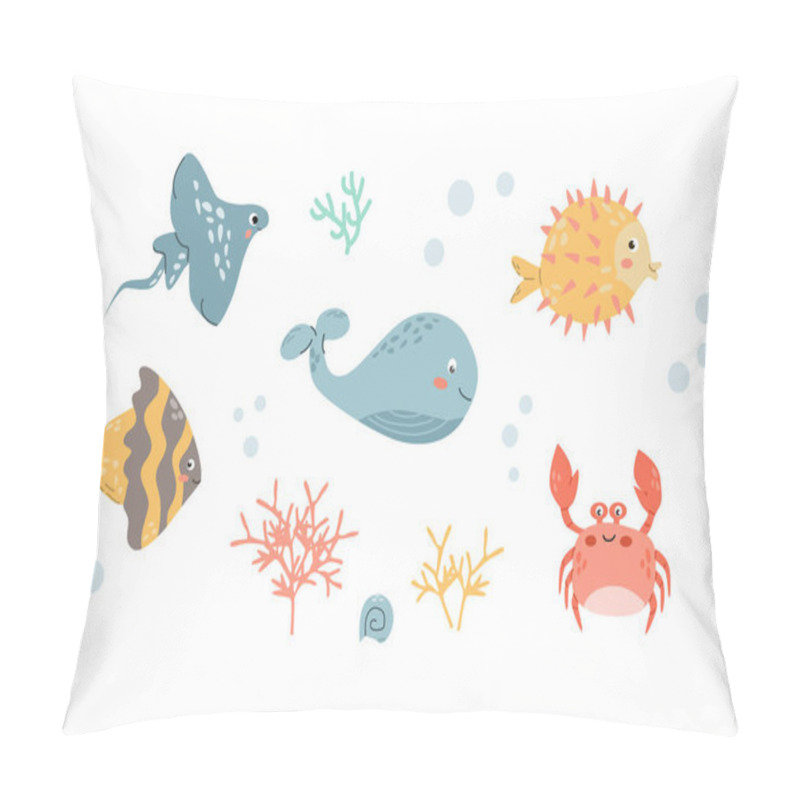 Personality  Cute Underwater Animals In Sea - Cartoon Vector Illustration. Adorable Baby Fishes And Crab With Coralls. Tropical Fishes - Illustration Set.  Pillow Covers