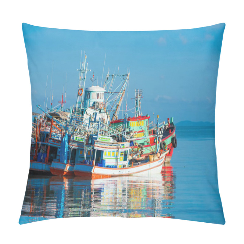 Personality  Chonburi, Thailand - May, 26, 2024 : Vibrant Thai Fishing Boat Docked In Harbor At Sunrise At Chonburi, Thailand Pillow Covers