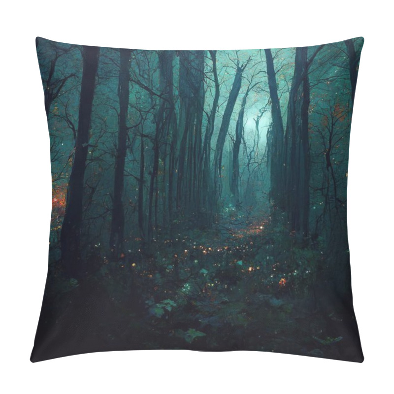 Personality  Realistic Haunted Forest Creepy Landscape At Night. Fantasy Halloween Forest Background. Surreal Mysterious Atmospheric Woods Design Backdrop. Digital Art. Pillow Covers