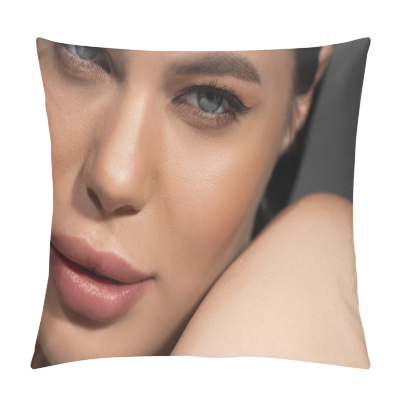 Personality  Close Up View Of Young Woman With Visage Looking At Camera Near Shoulder Isolated On Grey  Pillow Covers