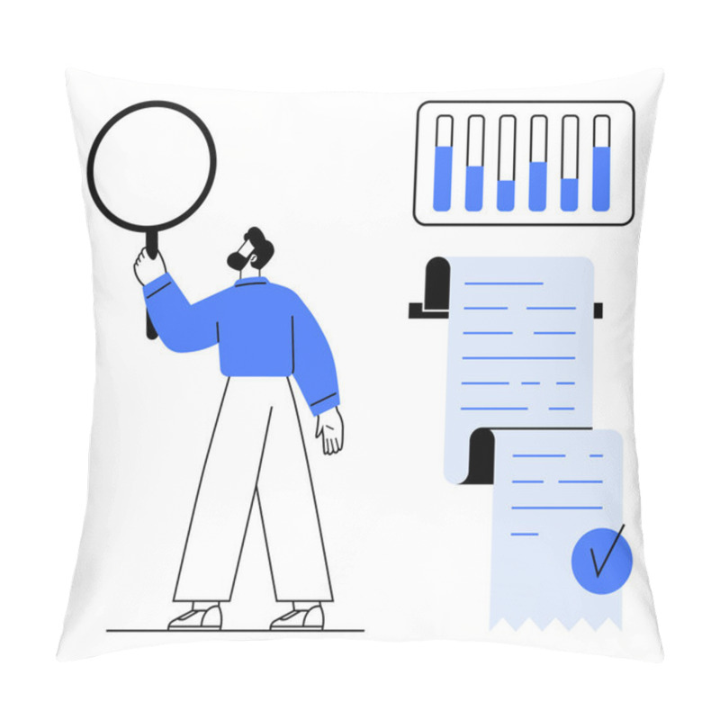 Personality  A Person With A Magnifying Glass Examines Financial Data Represented By Bar Charts And Receipts. Ideal For Financial Analysis, Business Reports, Data Evaluation, Auditing, And Accounting. Modern Pillow Covers