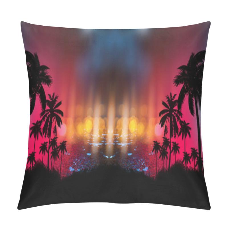 Personality  Futuristic Night Landscape With Neon Abstract Sunset. Coconut Trees Silhouette On The Beach At Night. Neon Palm Tree Abstract Light. Pillow Covers