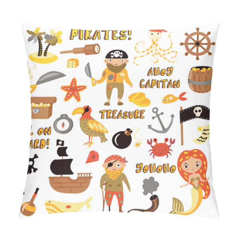 Personality  Set Of Pirates Vector Cartoon Objects. Adventures And Pirate Party For Kindergarten. Children Adventure, Treasure, Pirates, Octopus, Whale, Ship - Kids Drawing Vector Cartoon Objects About Pirates And Pillow Covers