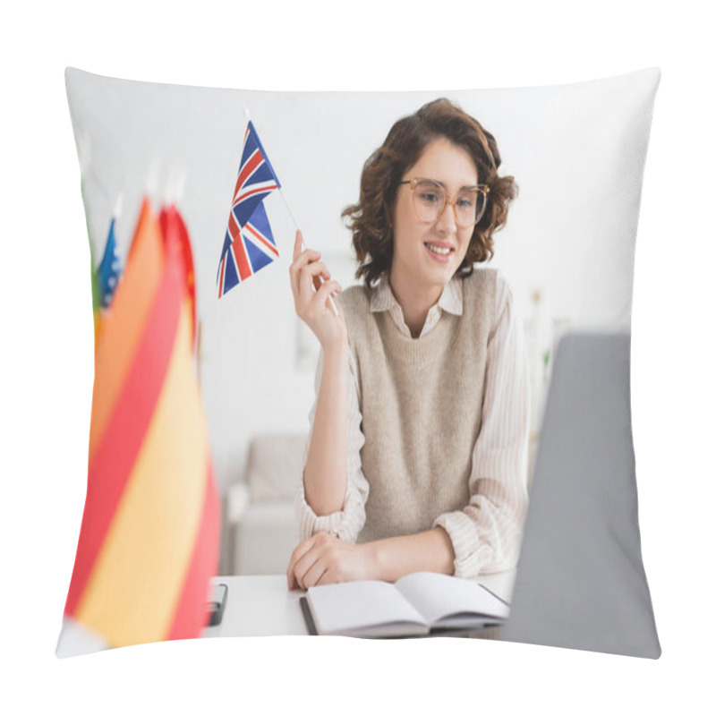 Personality  Smiling Language Teacher In Eyeglasses Holding Flag Of United Kingdom Near Notebook And Blurred Laptop  Pillow Covers