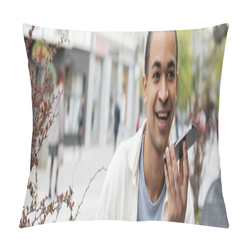 Personality  Happy African American Man Recording Voice Message On Smartphone, Banner Pillow Covers