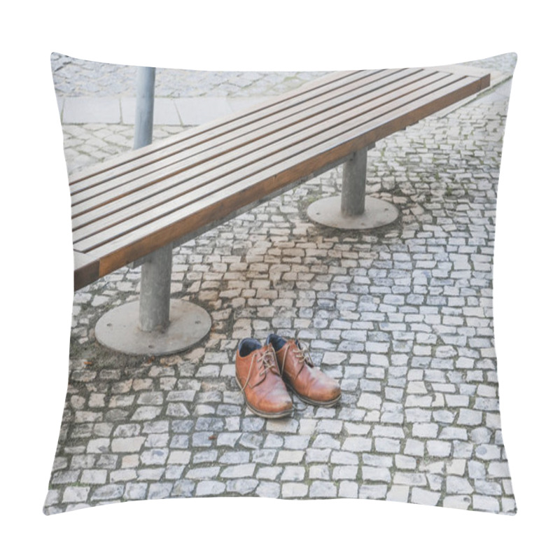 Personality  Brown Leather Shoes On A Cobblestone Pavement Next To A Bench In An Urban Setting. Pillow Covers