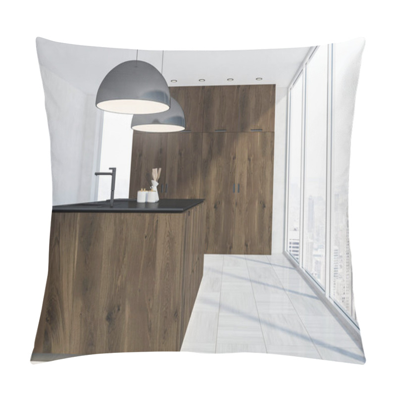 Personality  Panoramic Kitchen Interior With A White Wooden Floor, Wooden And Black Counters And Gray Ceiling Lamps. Side View 3d Rendering Pillow Covers