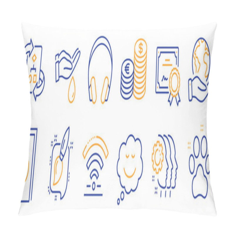 Personality  Set Of Business Icons, Such As Wash Hands, Technical Algorithm. Certificate, Save Planet. Pet Friendly, Wifi, Painting Brush. Headphones, Speech Bubble, Employees Teamwork. Vector Pillow Covers