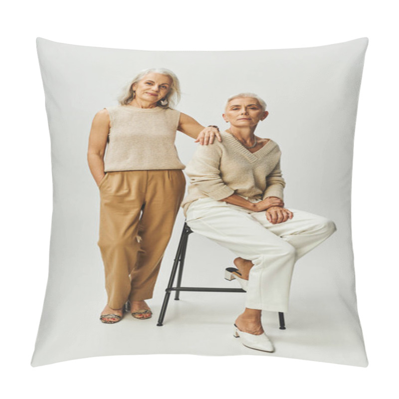 Personality  Vanity Fair Style, Smiling Senior Woman Near Fashionable Female Friend Sitting On Chair On Grey Pillow Covers