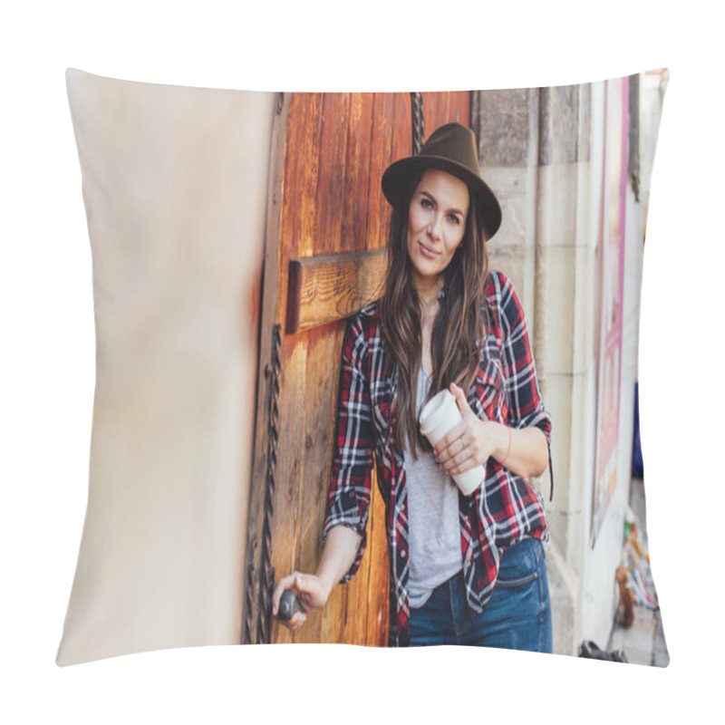 Personality  Young Woman With A Hat Next To An Old Wooden Door  Pillow Covers