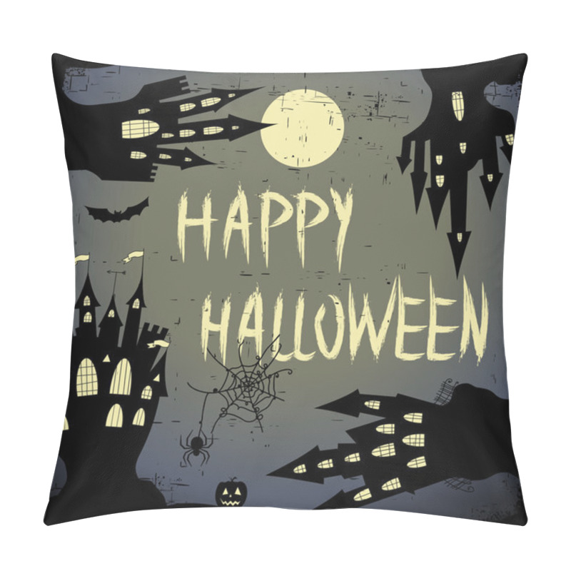 Personality  Happy Halloween Card.  Halloween Vector Template With  Four Haunted Castle, Pumpkin,  Full Moon And Bats. Pillow Covers