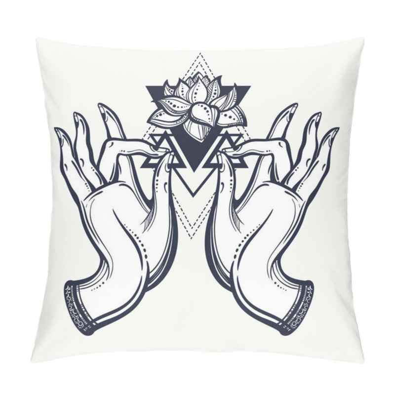 Personality  Beautiful Hand Drawn Tattooed Buddha Hands With Peony Flower And Sacred Geometry. Isolated Vector Illustration. Tattoo, Yoga, Spirituality, Textiles. Pillow Covers