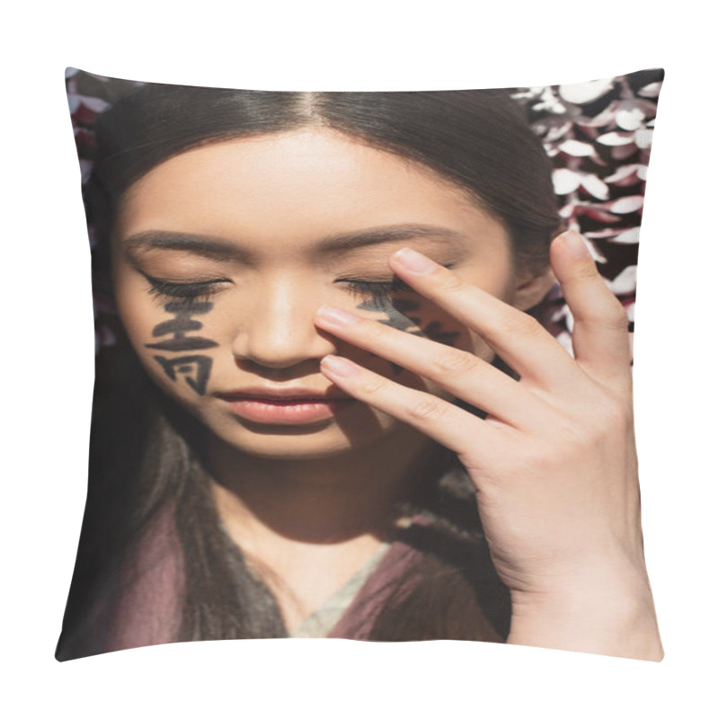 Personality  Japanese Woman With Hieroglyphs Touching Face Isolated On Black  Pillow Covers