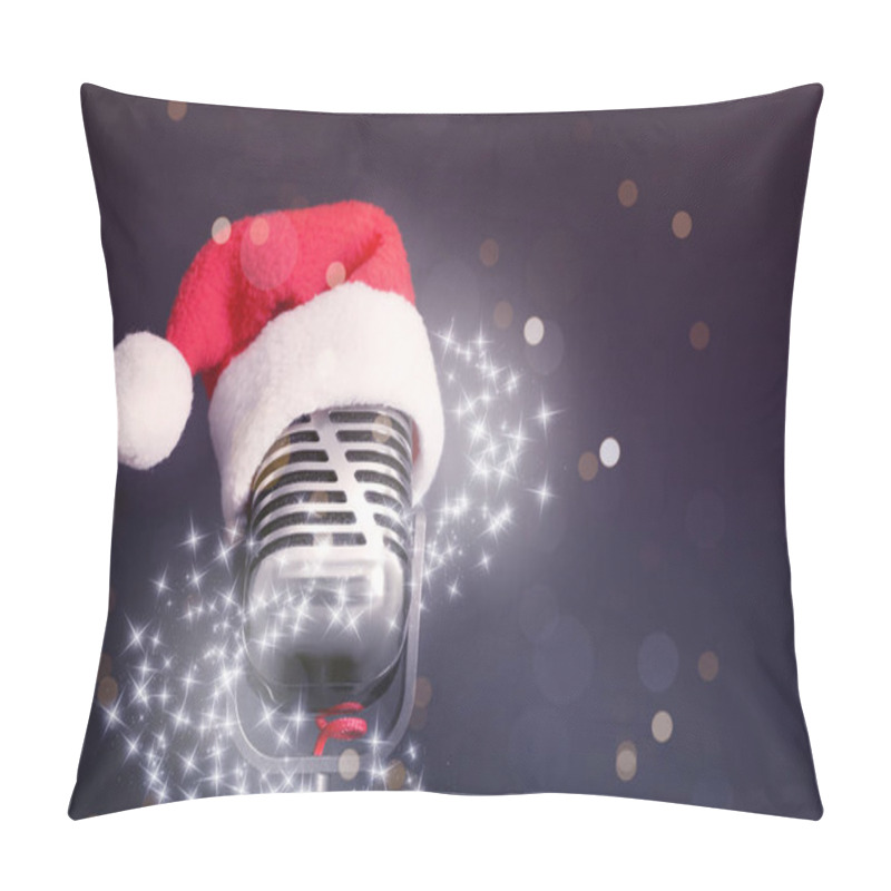 Personality  Retro Microphone With Santa Hat On Dark Background, Space For Text. Christmas Music Pillow Covers