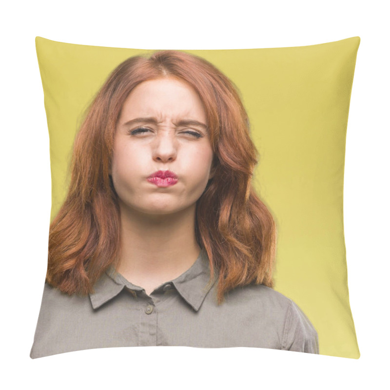 Personality  Young Beautiful Woman Over Isolated Background Puffing Cheeks With Funny Face. Mouth Inflated With Air, Crazy Expression. Pillow Covers