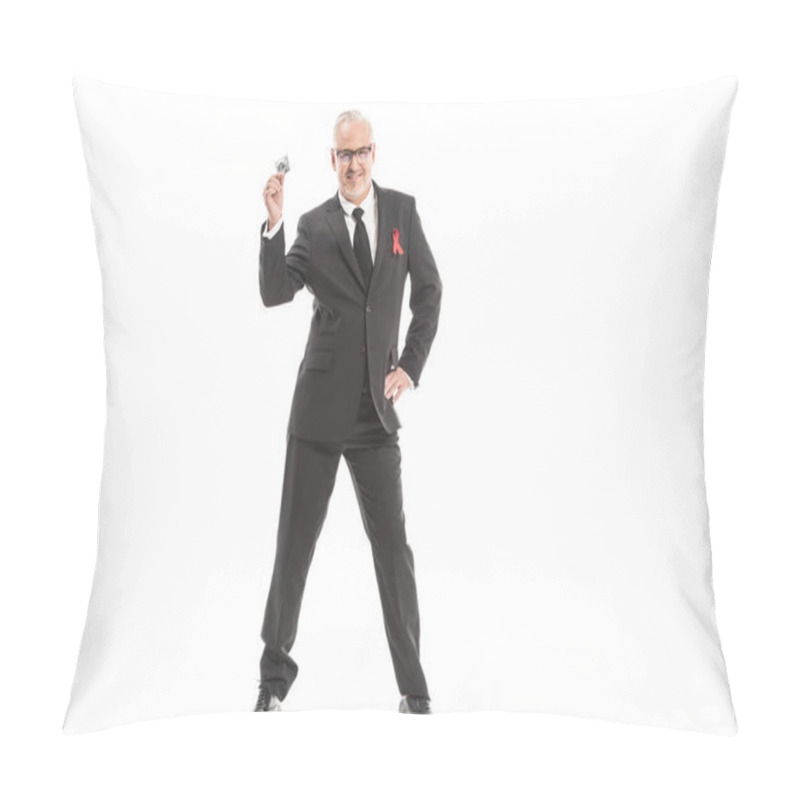 Personality  Happy Mature Businessman In Suit With Aids Awareness Red Ribbon Dancing Isolated On White Pillow Covers